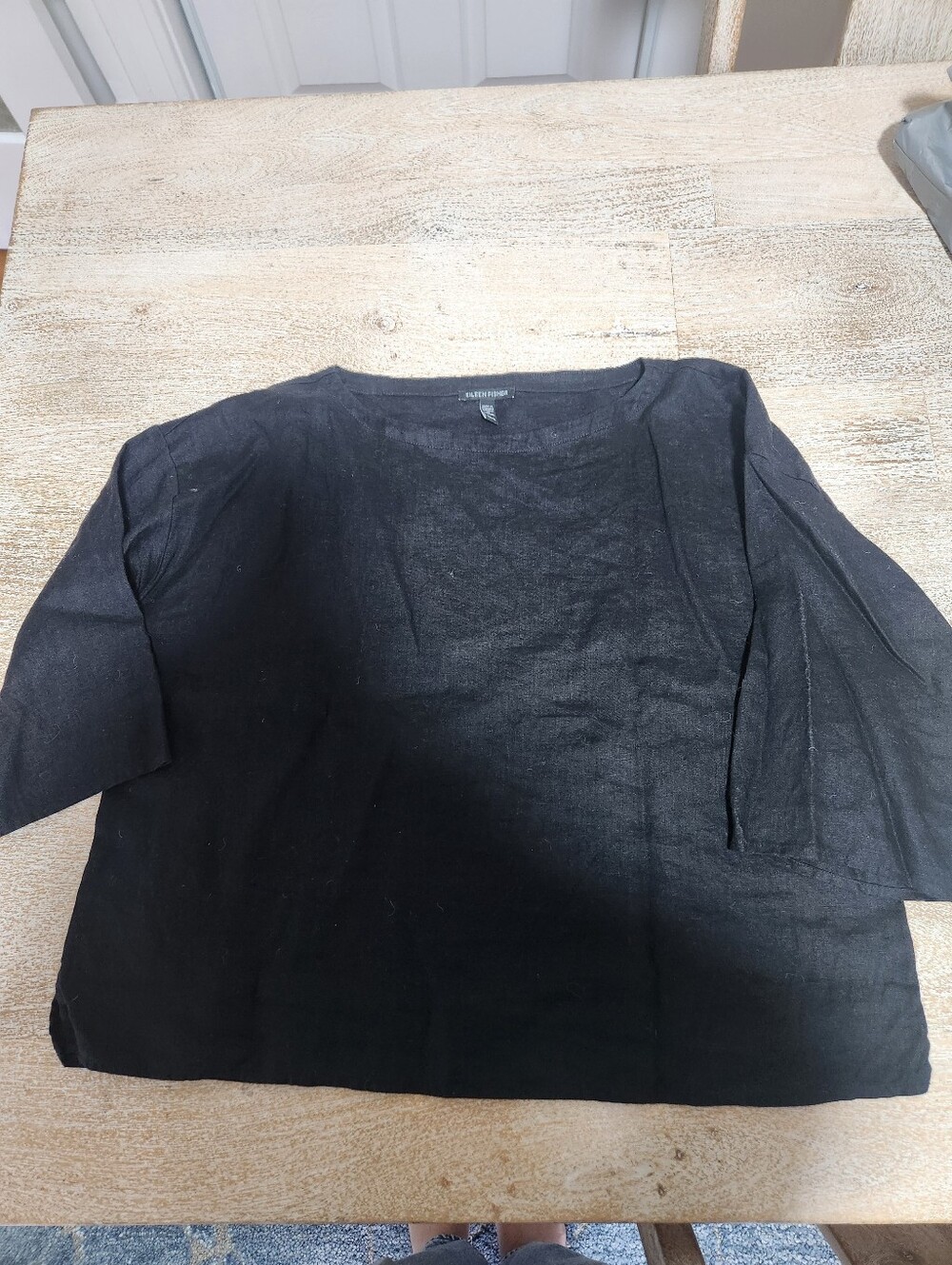 eileen fisher black 3/4 sleeve linen boxy top